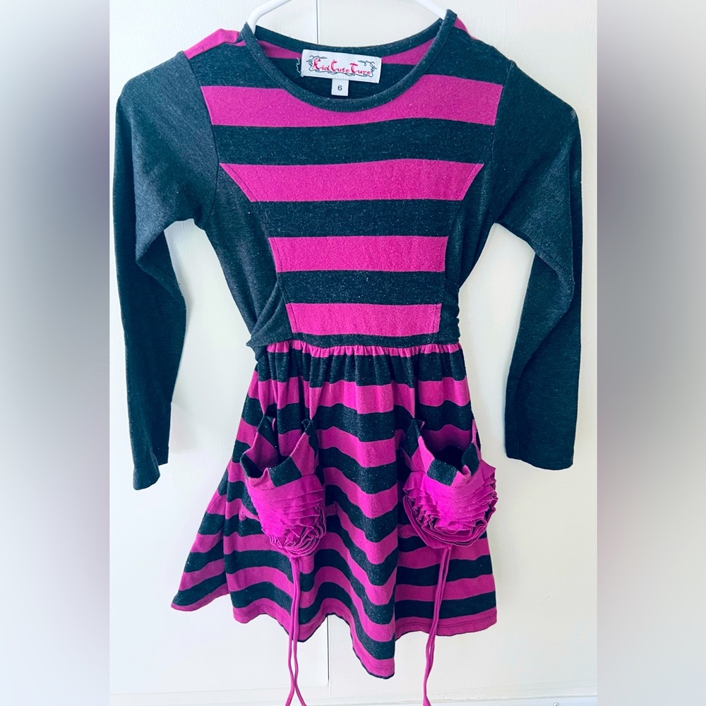 Kid Cute Ture black and purple striped long sleeve tie wrap pocket kid dress.